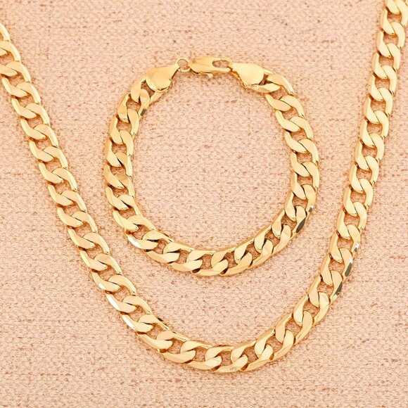 Fashion Jewelry Jewelry - 24 Inch 18K Yellow Gold 8mm Wide Open Cuban Necklace and 7.75" Bracelet Combo